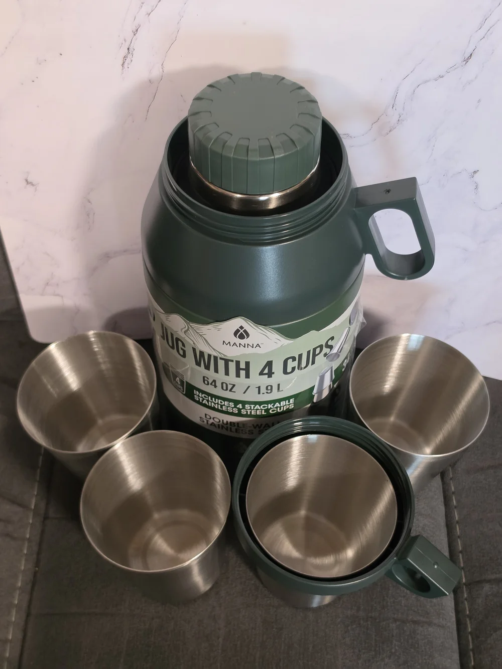 Manna 64 oz Green Double-Wall Stainless Steel Jug with 4 Cups